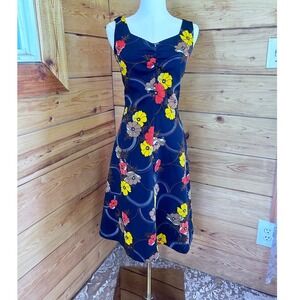 Vintage Floral Sweetheart Midi Dress Womens Medium Navy Blue 70s Retro Handmade